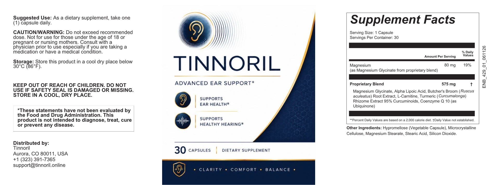 Tinnoril Supplement Facts label showing magnesium 80mg and a 575mg proprietary blend of magnesium glycinate, alpha lipoic acid, butcher's broom, L-carnitine, turmeric and CoQ10